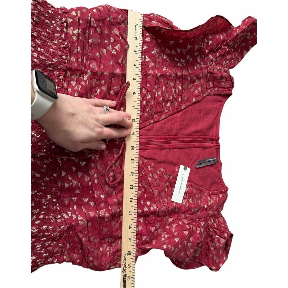 Anthropologie Mini Dress Short Sleeve Ruffled V neck Garnet Red size Large‎ - Picture 9 of 10